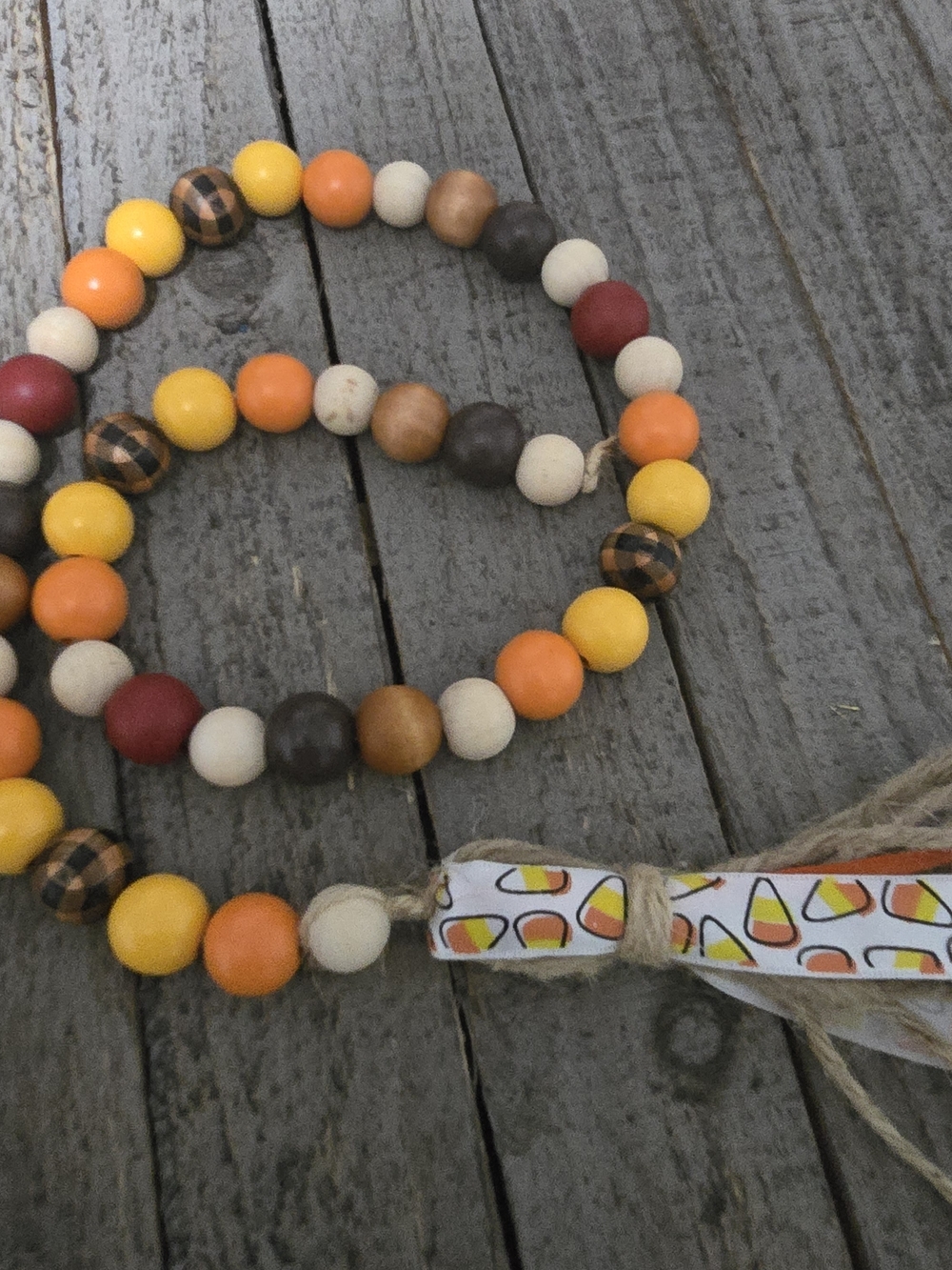 Wood Beaded Garland in Yellow, Orange, Red, Brown, Cream - Homemade 29inches Lon